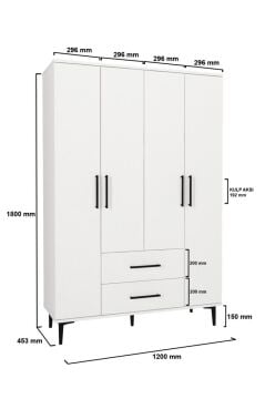 Dorpek Nuna 4 Kapaklı 2 Çekmeceli Gardırop – 120 cm Genişlik Beyaz Elbise Dolabı