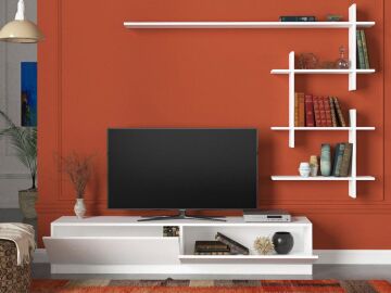 Ahenk Duvar Raflı Tv Ünitesi Beyaz