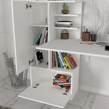 Dekorister Domingos Beyaz Kitaplıklı Çalışma Masası - Raflı Bilgisayar ve Ders Masası