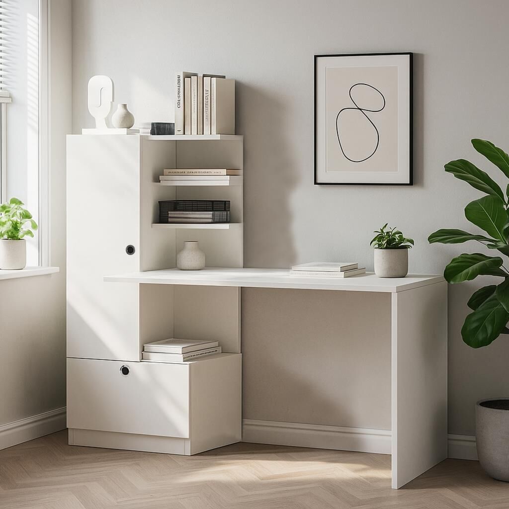 Dekorister Domingos Beyaz Kitaplıklı Çalışma Masası - Raflı Bilgisayar ve Ders Masası