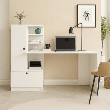 Dekorister Domingos Beyaz Kitaplıklı Çalışma Masası - Raflı Bilgisayar ve Ders Masası