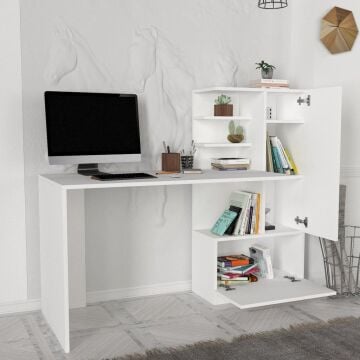 Dekorister Merinos Beyaz Kitaplıklı Çalışma Masası - Çekmeceli Raflı Bilgisayar ve Ders Masası