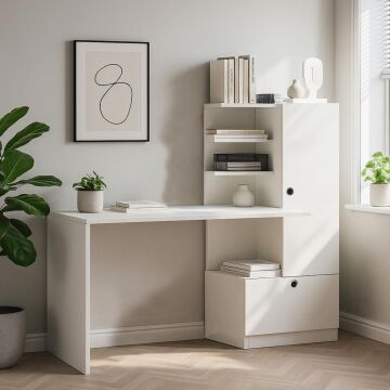 Dekorister Merinos Beyaz Kitaplıklı Çalışma Masası - Çekmeceli Raflı Bilgisayar ve Ders Masası