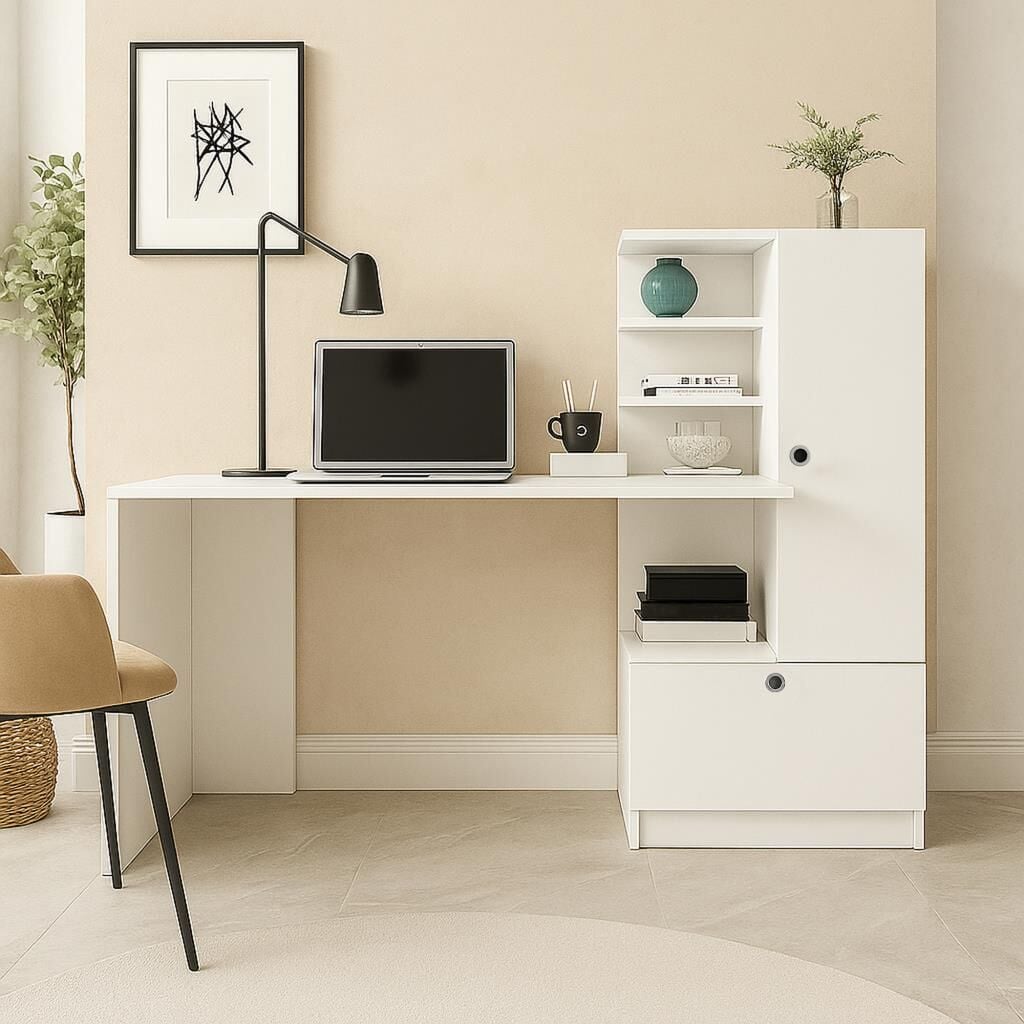 Dekorister Merinos Beyaz Kitaplıklı Çalışma Masası - Çekmeceli Raflı Bilgisayar ve Ders Masası