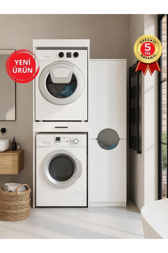 Dorpek Fika Çamaşır ve Kurutma Makinesi Dolabı & Verga Kirli Sepetli Çok Amaçlı Dolap Beyaz