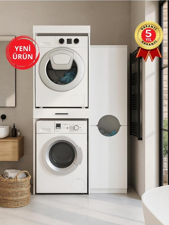 Dorpek Fika Çamaşır ve Kurutma Makinesi Dolabı & Verga Kirli Sepetli Çok Amaçlı Dolap Beyaz
