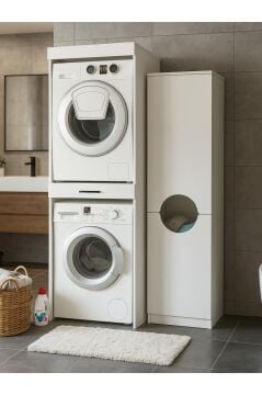 Dorpek Fika Çamaşır ve Kurutma Makinesi Dolabı & Verga Kirli Sepetli Çok Amaçlı Dolap Beyaz
