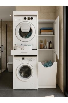 Dorpek Fika Çamaşır ve Kurutma Makinesi Dolabı & Verga Kirli Sepetli Çok Amaçlı Dolap Beyaz