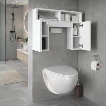 Dekorister Geronimo Beyaz Klozet Üstü Dolap - Kapaklı Raflı Çok Amaçlı Banyo Düzenleyici