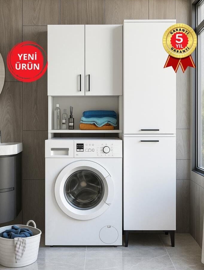 Dorpek Brillon Çamaşır Makinesi Dolabı & Singa Kirli Sepetli Çok Amaçlı Dolap Beyaz