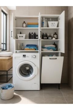 Dorpek Brillon Çamaşır Makinesi Dolabı & Singa Kirli Sepetli Çok Amaçlı Dolap Beyaz