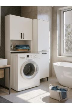 Dorpek Brillon Çamaşır Makinesi Dolabı & Singa Kirli Sepetli Çok Amaçlı Dolap Beyaz