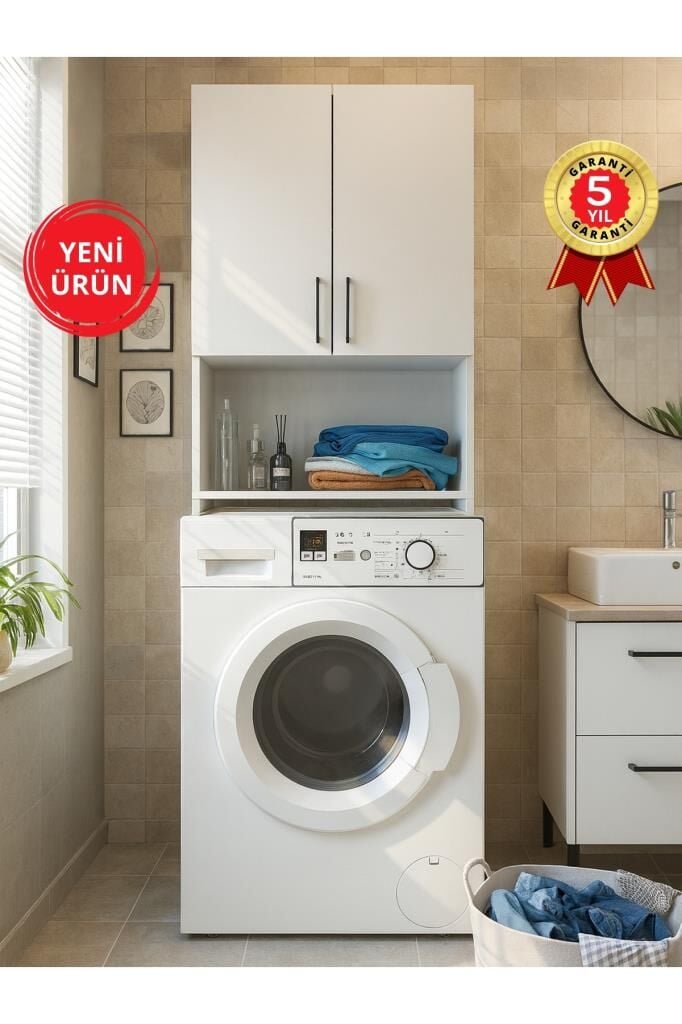 Dorpek Brillon Çamaşır Makinesi Dolabı – Banyo Dolabı & Çamaşır Odası Uyumlu Dolap, Çok Amaçlı Dolap Beyaz