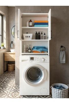 Dorpek Brillon Çamaşır Makinesi Dolabı – Banyo Dolabı & Çamaşır Odası Uyumlu Dolap, Çok Amaçlı Dolap Beyaz
