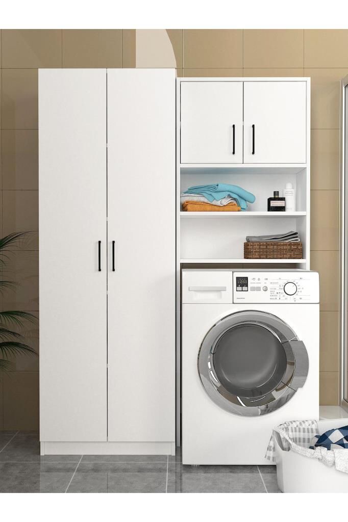 Dorpek Lumy Çamaşır Makinesi Dolabı -tuco 2 Kapaklı 5 Raflı Çok Amaçlı Dolap Kiler Dolabı Beyaz