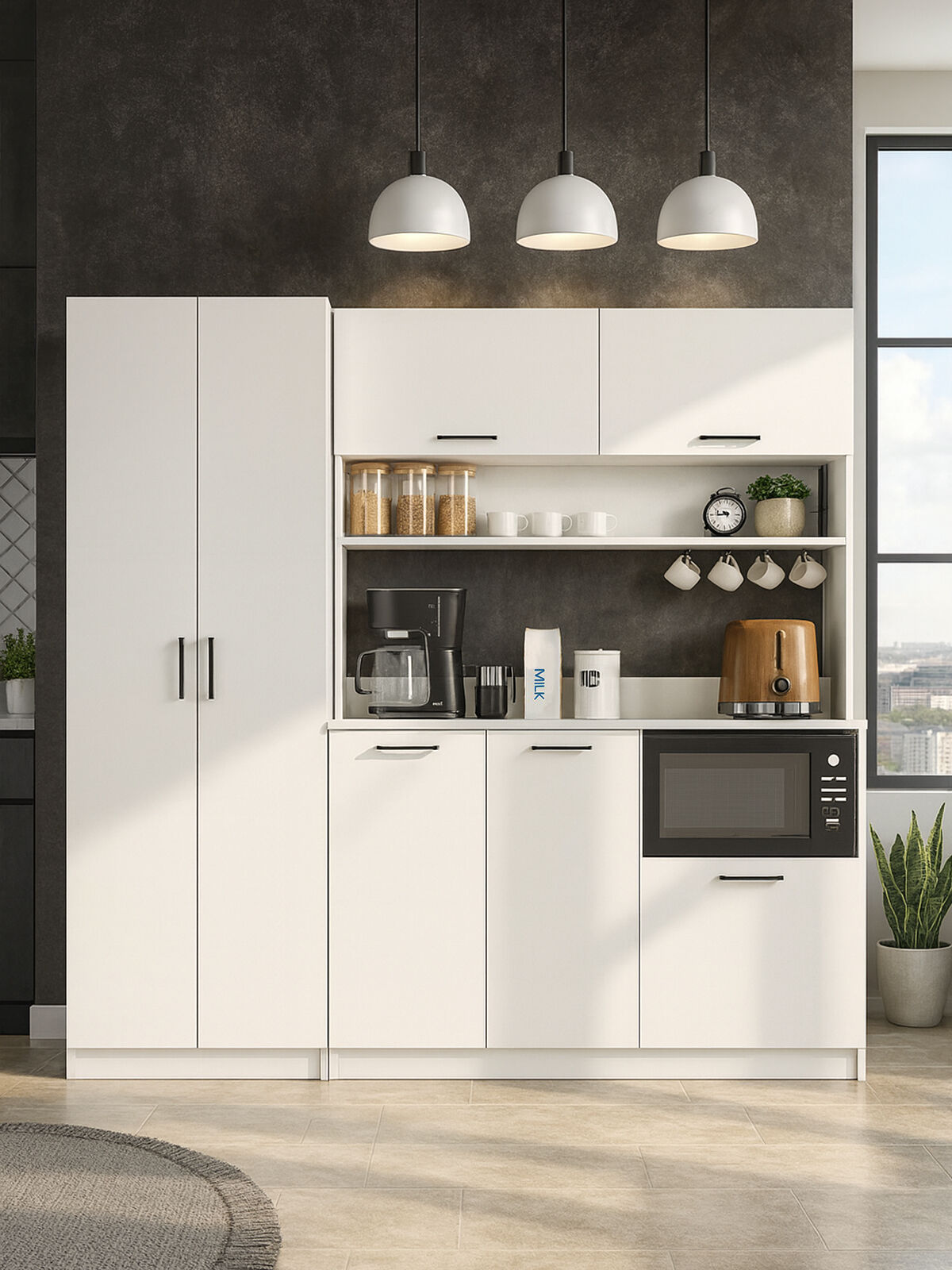7 Kapaklı Kahve Köşesi, Mutfak Dolabı, Çok Amaçlı Dolap, Raflı Dolap Beyaz 187 cm | Tuco