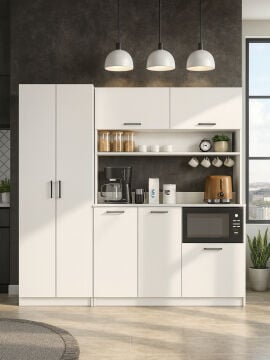 7 Kapaklı Kahve Köşesi, Mutfak Dolabı, Çok Amaçlı Dolap, Raflı Dolap Beyaz 187 cm | Tuco