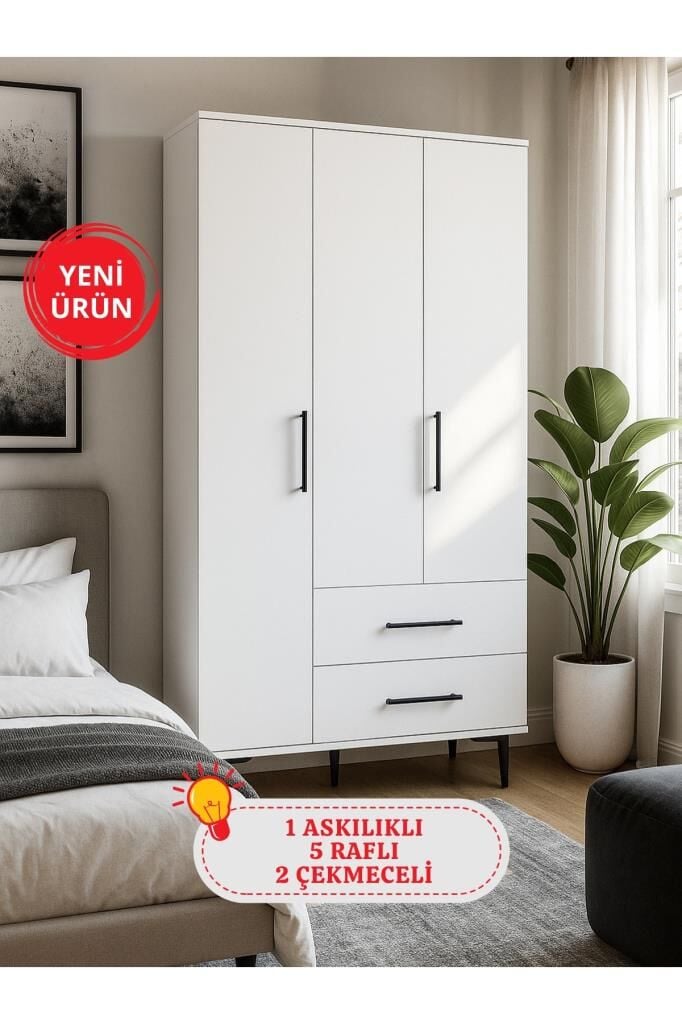 Dorpek Nuna Gardırop 3 Kapaklı 2 Çekmeceli – 180x90 cm Genç ve Yatak Odası Dolabı