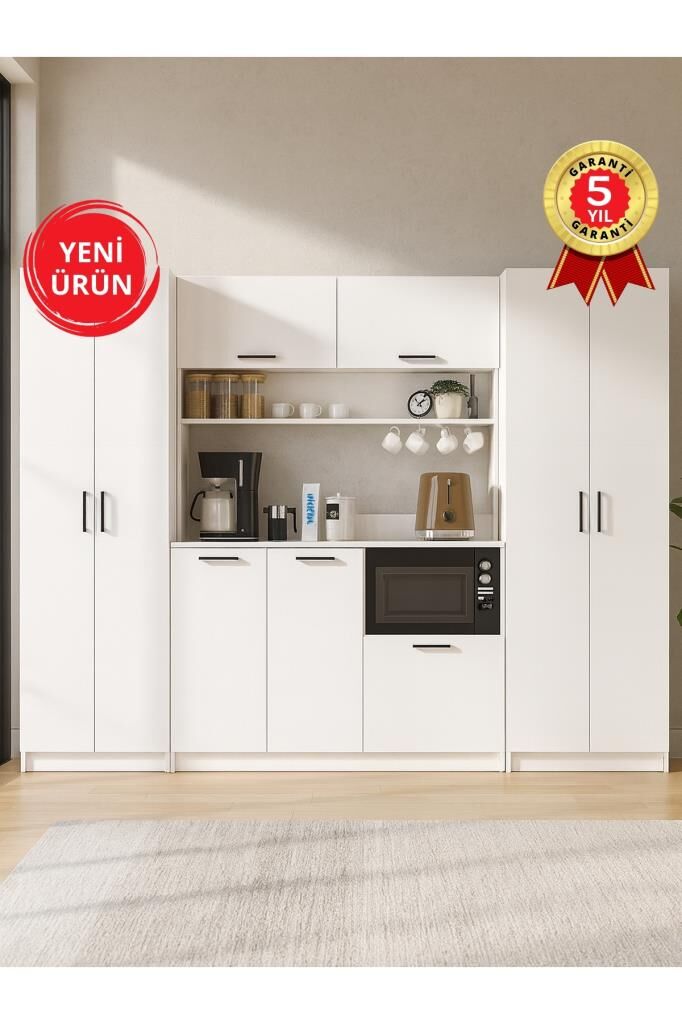 9 Kapaklı Kahve Köşesi, Çok Amaçlı Dolap ve Mutfak Dolabı Kiler Erzak Dolabı Beyaz 250 cm | Tuco