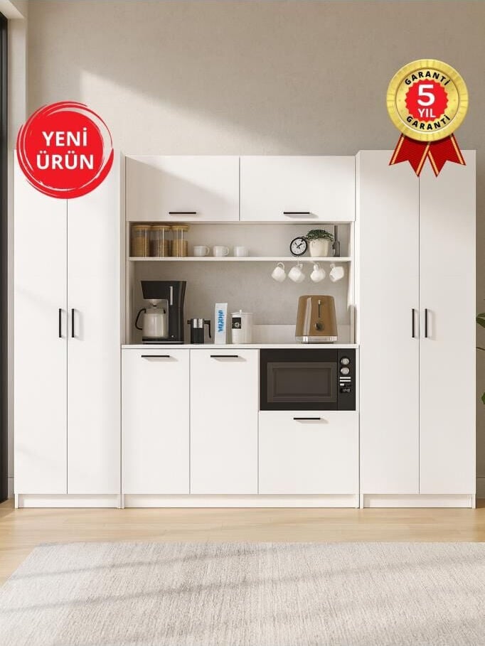 9 Kapaklı Kahve Köşesi, Çok Amaçlı Dolap ve Mutfak Dolabı Kiler Erzak Dolabı Beyaz 250 cm | Tuco