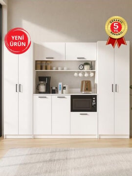 9 Kapaklı Kahve Köşesi, Çok Amaçlı Dolap ve Mutfak Dolabı Kiler Erzak Dolabı Beyaz 250 cm | Tuco