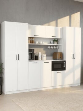 9 Kapaklı Kahve Köşesi, Çok Amaçlı Dolap ve Mutfak Dolabı Kiler Erzak Dolabı Beyaz 250 cm | Tuco