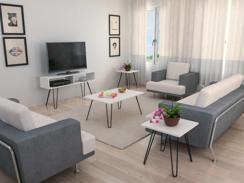 Dekorister Seren 4 lü Konsept Demir Ayaklı Orta Sehpa ve Tv ünitesi Beyaz