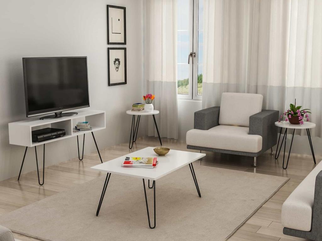 Dekorister Zeren 4 lü Konsept Metal Ayaklı Orta Sehpa ve Tv ünitesi Beyaz
