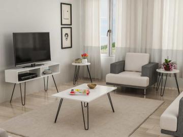 Dekorister Zeren 4 lü Konsept Metal Ayaklı Orta Sehpa ve Tv ünitesi Beyaz