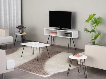 Dekorister Zeren 4 lü Konsept Metal Ayaklı Orta Sehpa ve Tv ünitesi Beyaz