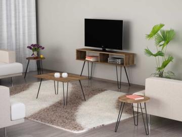 Dekorister Zeren 4 lü Konsept Metal Ayaklı Orta Sehpa ve Tv ünitesi Ceviz
