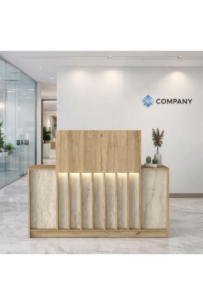 Davis Ledli Karşılama Bankosu 150 cm Ofis Kasa Resepsiyon Masası Sepet - Traverten