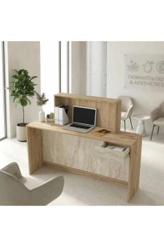 Davis Ledli Karşılama Bankosu 150 cm Ofis Kasa Resepsiyon Masası Sepet - Traverten