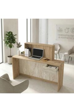 Davis Ledli Karşılama Bankosu 150 cm Ofis Kasa Resepsiyon Masası Sepet - Traverten