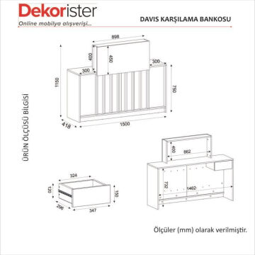 Davis Ledli Karşılama Bankosu 150 cm Ofis Kasa Resepsiyon Masası Sepet - Traverten
